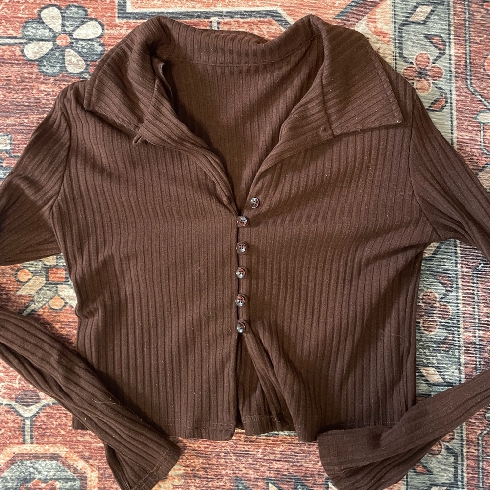 Brown Ribbed Button-Up Cardigan Crop Top - Picture 2 of 2